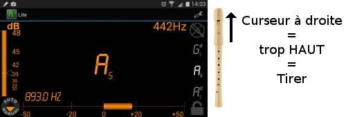 accorder sa flûte à bec - accordeur trop haut