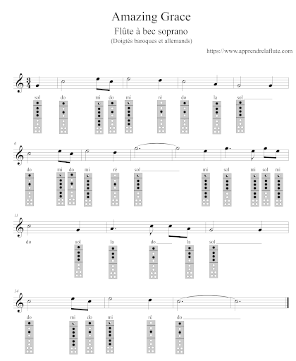 noms des notes, la partition, les doigtés, et un exemple sonore de Amazing Grace pour flûte à bec