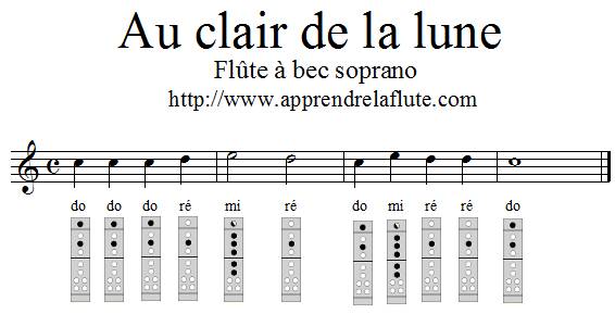 Au clair de la lune, flûte à bec, do majeur, 4 mesures, aigu Au clair de la lune, flûte à bec, do majeur, 4 mesures, aigu