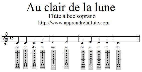 Au clair de la lune, flûte à bec, do majeur, 4 mesures, grave Au clair de la lune, flûte à bec, do majeur, 4 mesures, grave