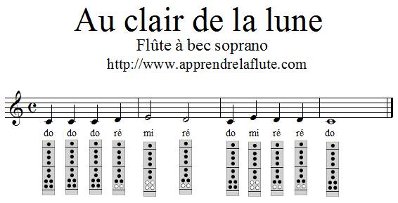 Au clair de la lune, flûte à bec, do majeur, 4 mesures, grave