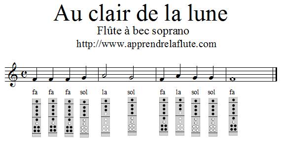 Au clair de la lune, flûte à bec, fa majeur, 4 mesures Au clair de la lune, flûte à bec, fa majeur, 4 mesures