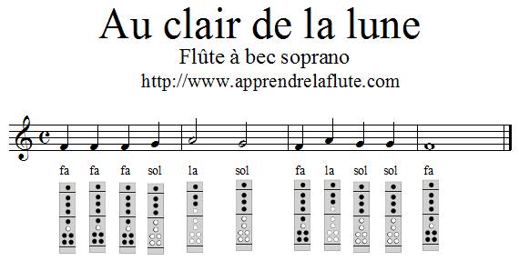 Au clair de la lune, flûte à bec, fa majeur, 4 mesures