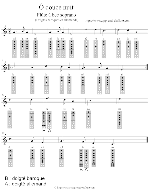Ô douce nuit (chanson de Noël) à la flûte à bec, doigtés baroques, Partition, doigtés et noms des notes Ô douce nuit (chanson de Noël) à la flûte à bec, doigtés baroques, Partition, doigtés et noms des notes