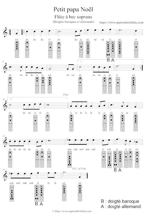 Petit papa Noël (chanson de Noël) à la flûte à bec, partition, doigtés baroques et noms des notes Petit papa Noël (chanson de Noël) à la flûte à bec, partition, doigtés baroques et noms des notes